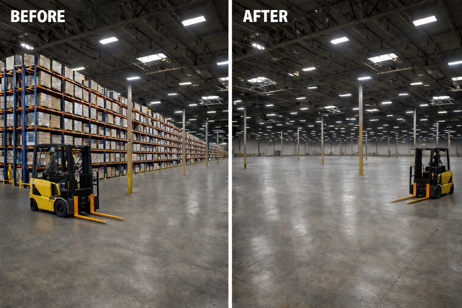 Warehouse before and after cleanout by Lakeshore Hauling